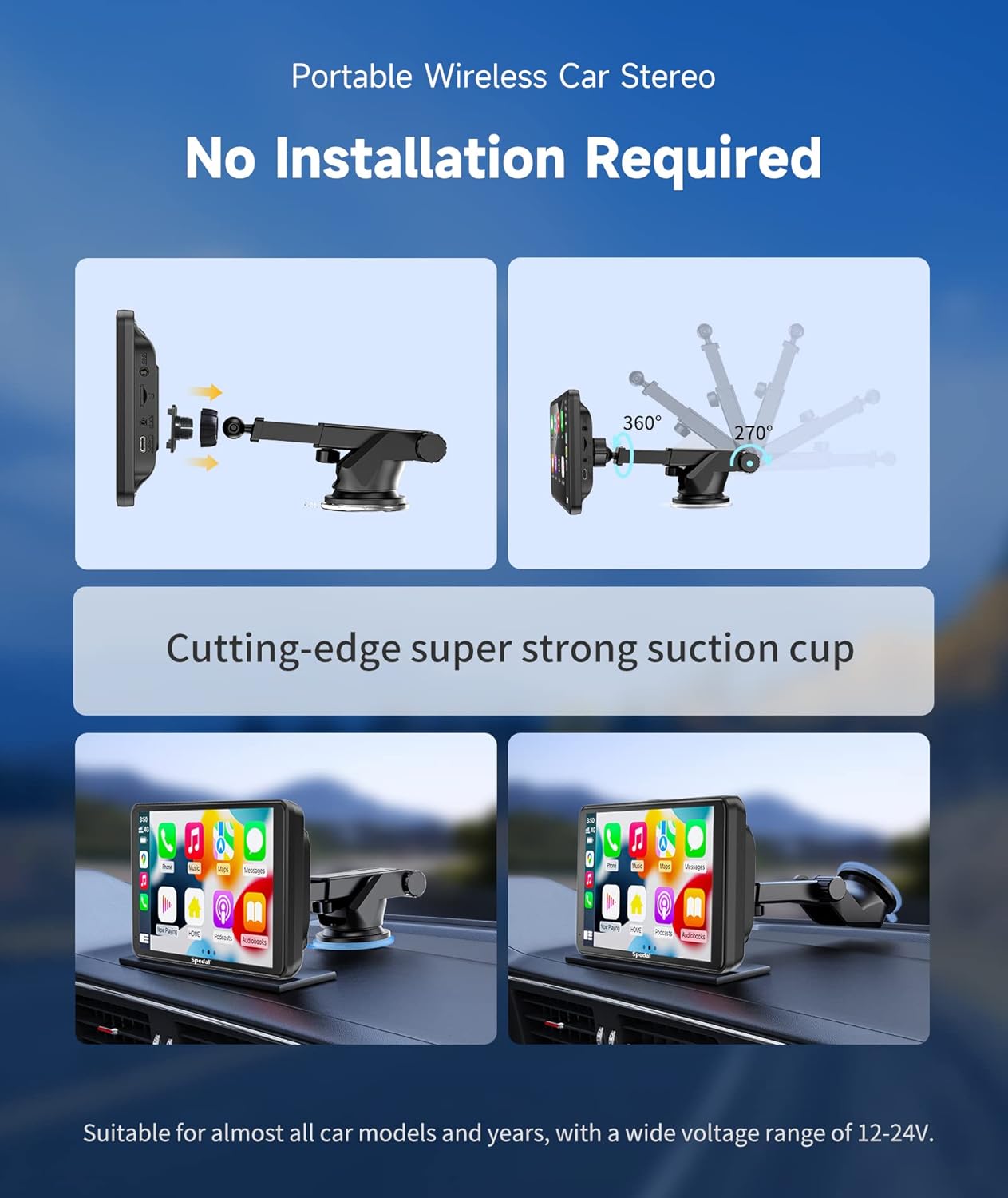 Spedal Receptores estéreo inalámbricos para Apple CarPlay y Android Auto, pantalla táctil IPS portátil de 7 pulgadas con cámara frontal,