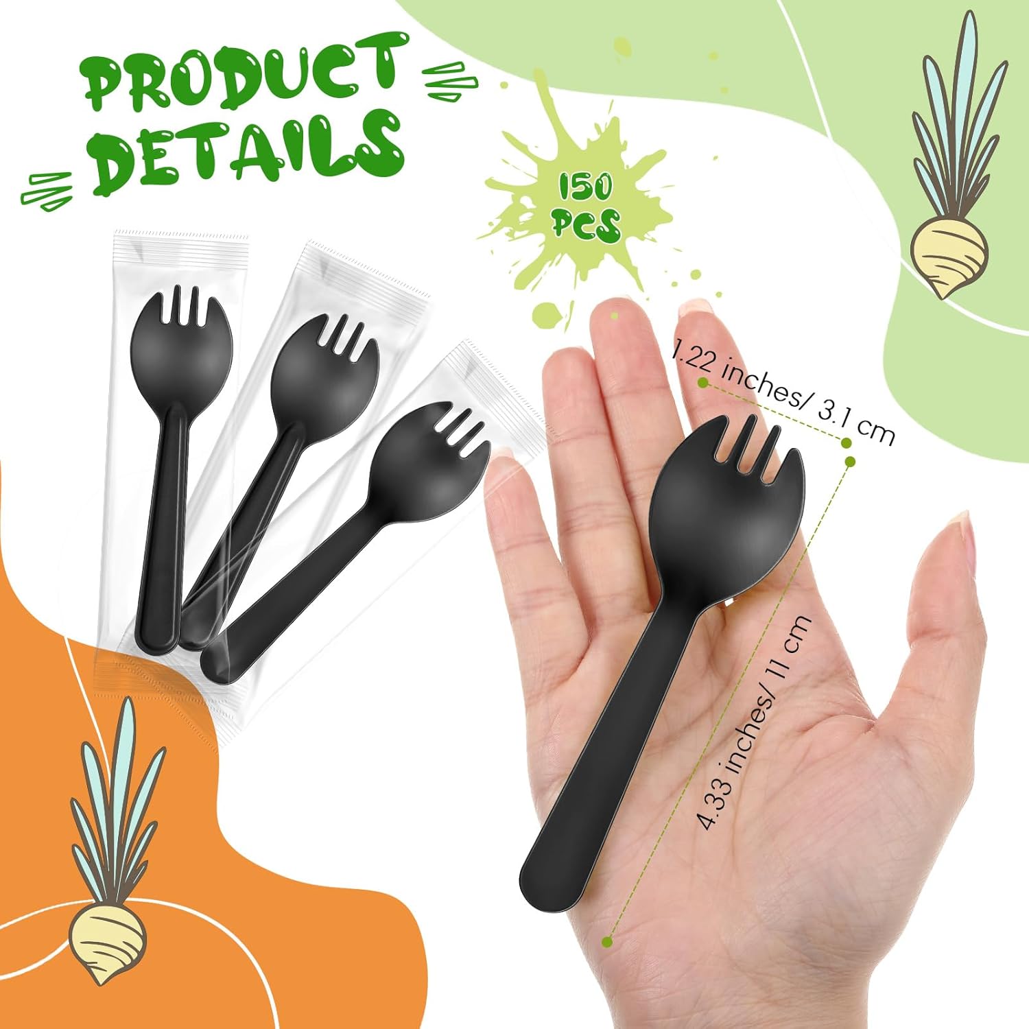 150 tenedores desechables de plástico envueltos individualmente de 4.5 x 1.26 pulgadas, juego de tenedor y cuchara 2 en 1, utensilios desechables