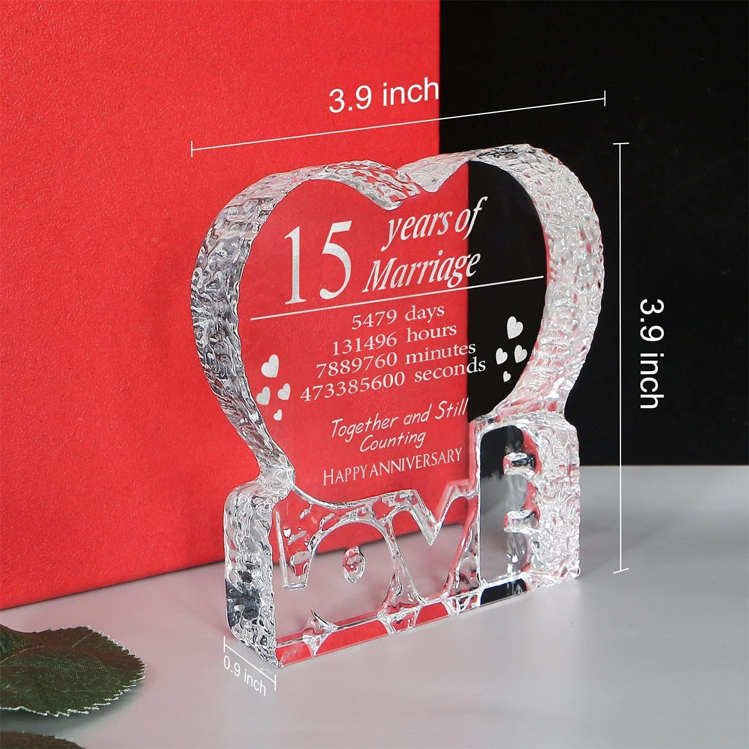 KWOOD Cristal grabado personalizado en forma de corazón, regalo de boda de 15 aniversario para parejas, esposa, novia, marido, novio (15 aniversario)