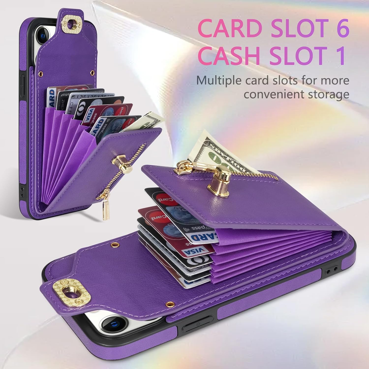 Funda de teléfono para iPhone 12 Pro Max 6.7 Funda tipo cartera con soporte para tarjeta de crédito, ranura con cremallera, correa cruzada, cordón