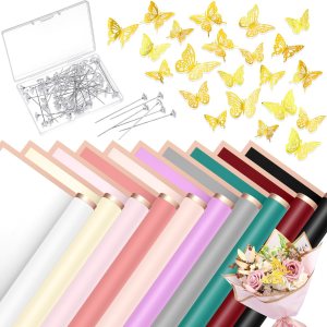 Fulmoon 20 hojas de papel de regalo de flores con 48 piezas de decoraciones de mariposa dorada 3D, 100 pines de ramillete para manualidades, Fulmoon 20 hojas de papel de regalo de flores con 48 piezas de decoraciones de mariposa dorada 3D, 100 pines de ramillete para manualidades,