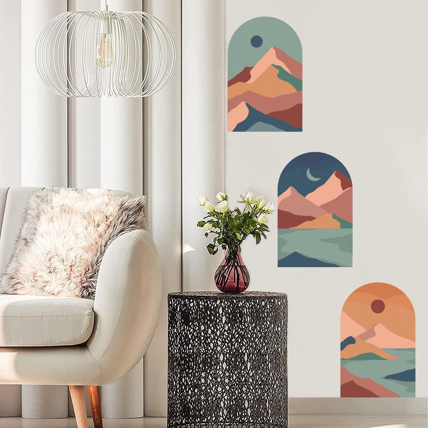 TOARTI Calcomanía de pared bohemia, calcomanías de pared de arco, estilo bohemio, arte de pared moderno para sala de estar, calcomanías de montaña