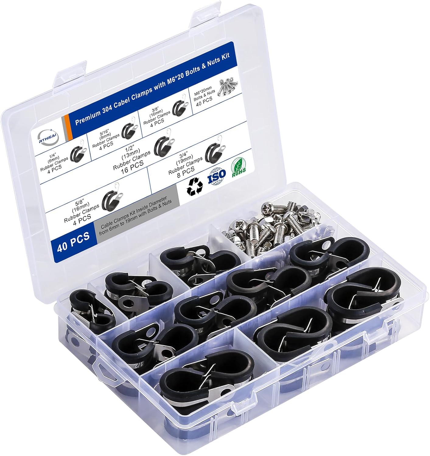 (paquete de 40 juegos) Abrazaderas de cable con kit surtido de pernos y tuercas M6 x 0.787 in, 6 tamaños 14″ 516″ 38″ 12″ 58″ 34″, abrazaderas de