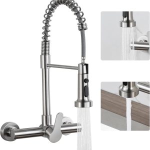 LIWEIKE Grifos de cocina de montaje en pared, grifo de cocina de montaje en pared de níquel cepillado con pulverizador, grifo de cocina de pared de LIWEIKE Grifos de cocina de montaje en pared, grifo de cocina de montaje en pared de níquel cepillado con pulverizador, grifo de cocina de pared de