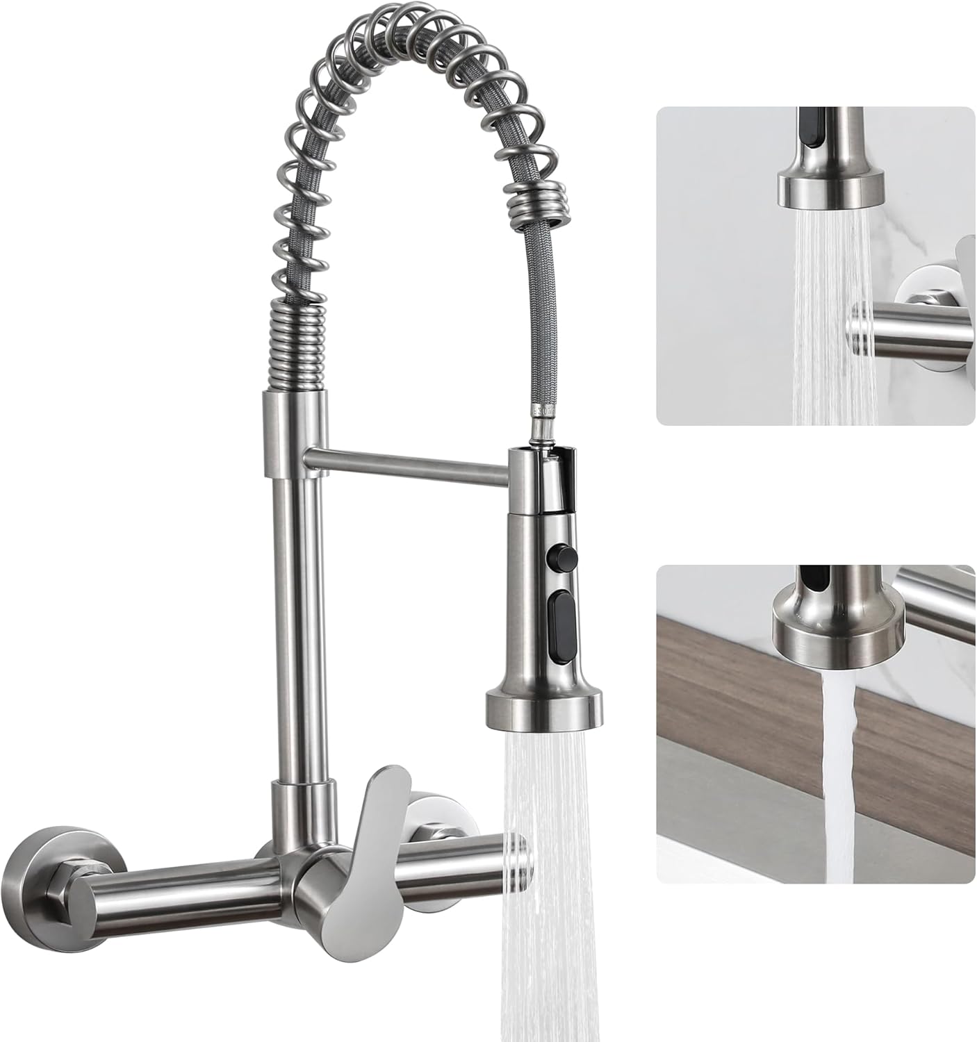 LIWEIKE Grifos de cocina de montaje en pared, grifo de cocina de montaje en pared de níquel cepillado con pulverizador, grifo de cocina de pared de