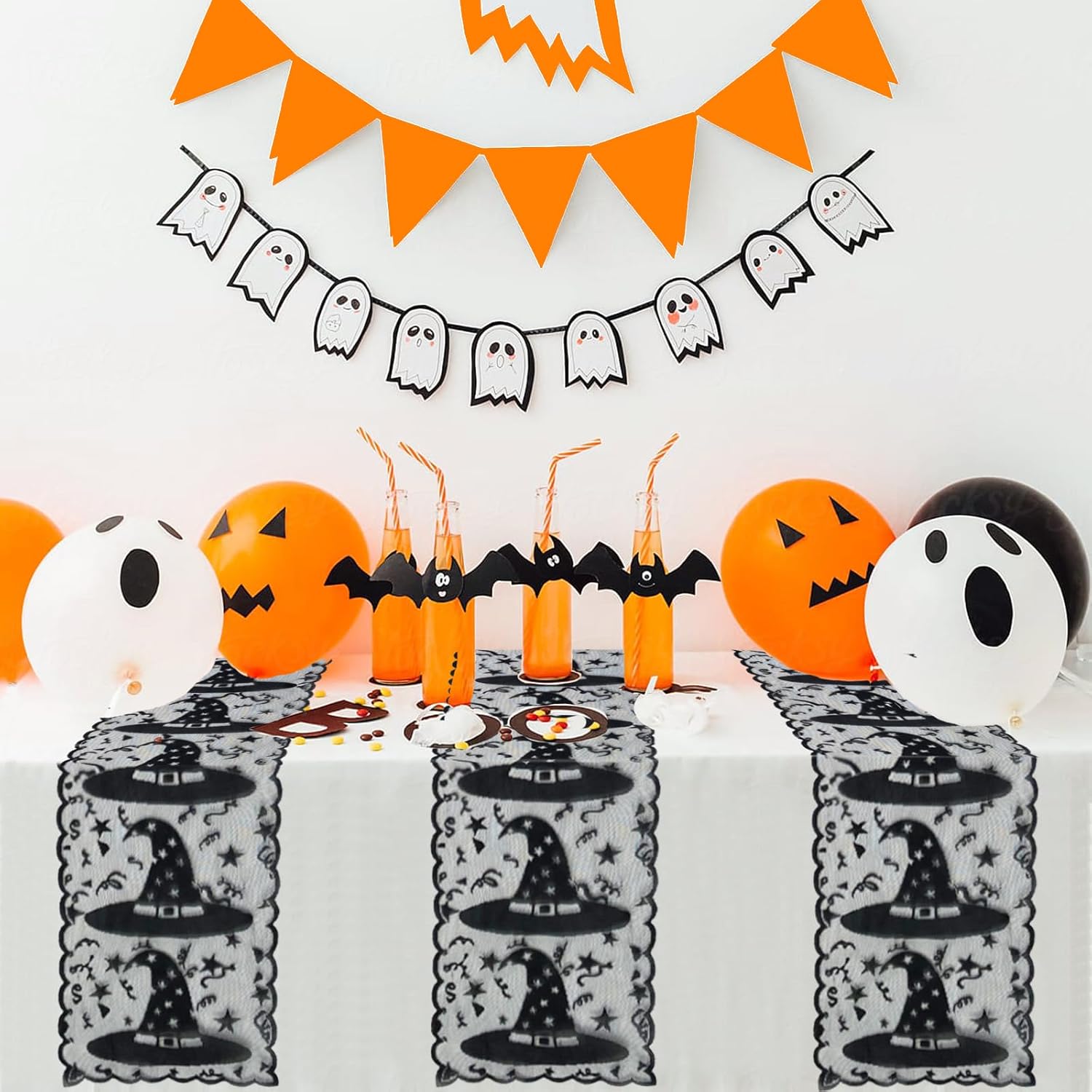 Camino de mesa de Halloween  Camino de mesa de encaje con sombrero de bruja para decoración de mesa de Halloween  Máscara de Halloween, cena, fiesta