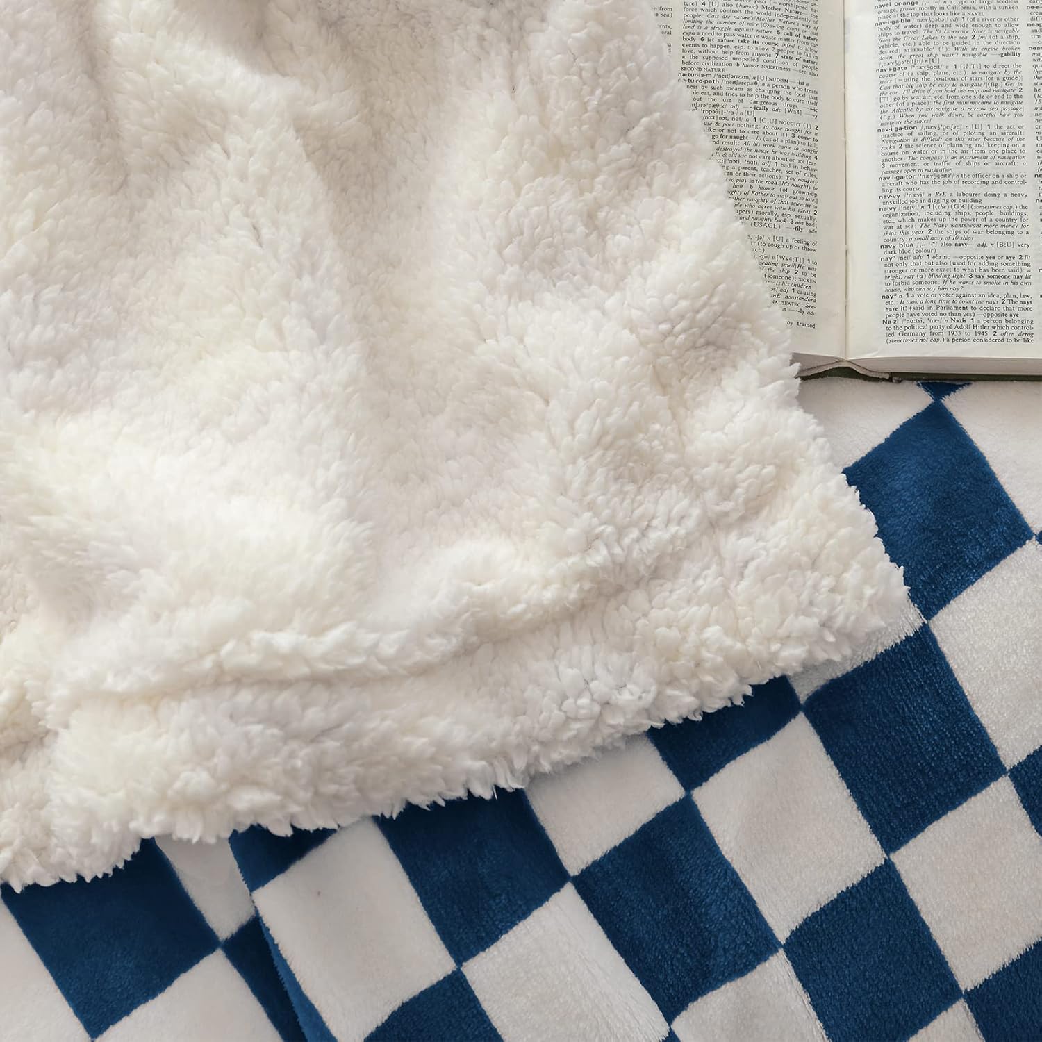 LOMAO Manta Sherpa de vellón con patrón a cuadros, suave, gruesa manta para sofá y cama, lujosa, cálida y acogedora para todas las estaciones (azul