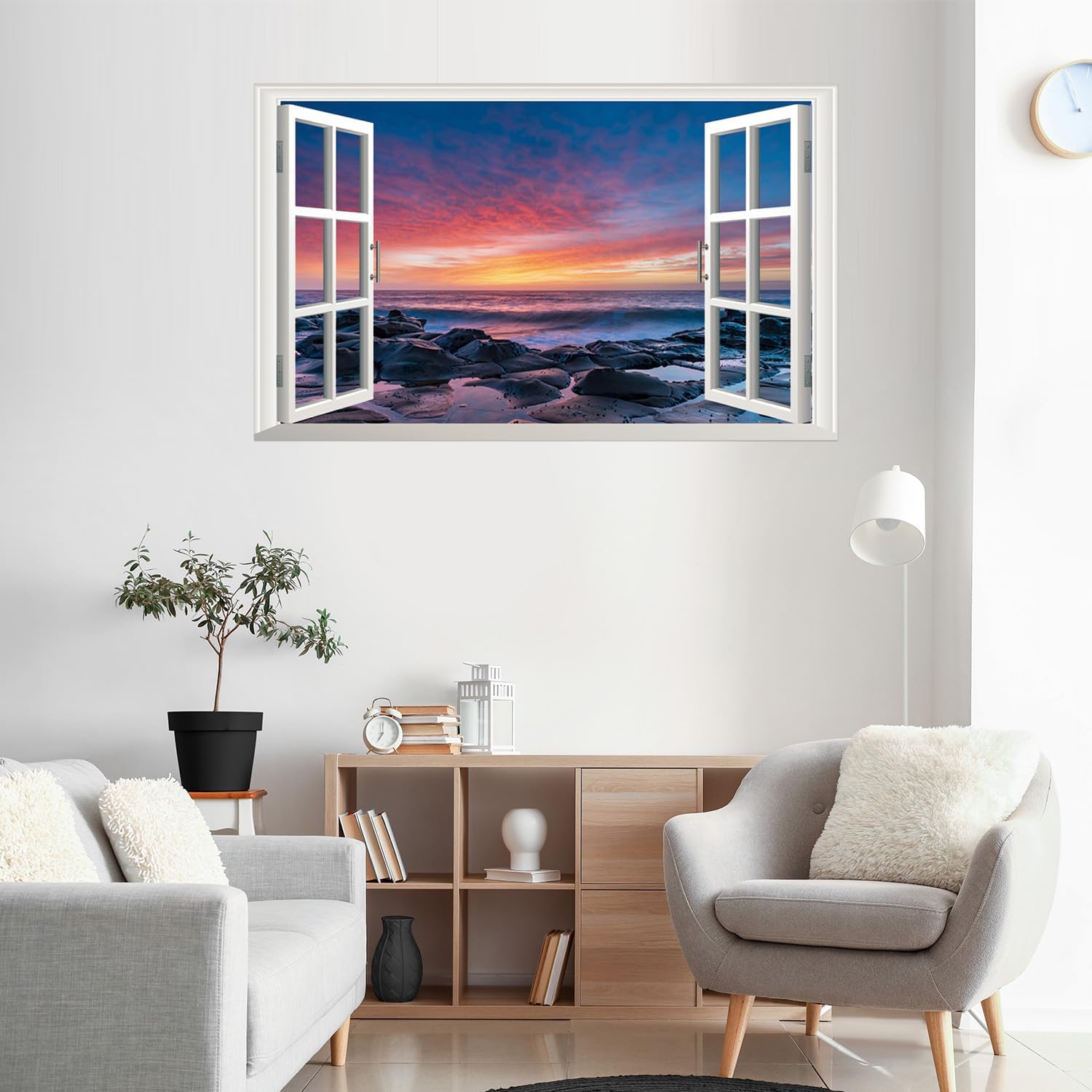 Calcomanía de pared de paisaje marino de playa, despegar y pegar, puesta de sol, ventana falsa 3D, naturaleza, océano, paisaje, vista de ventana,