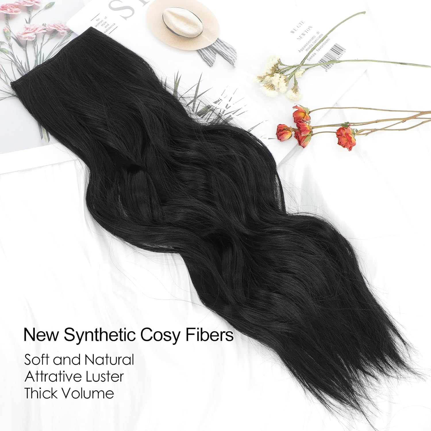 Extensiones de cabello con alambre invisible con 4 clips seguros, extensiones de cabello negro natural de 20 pulgadas con alambre transparente