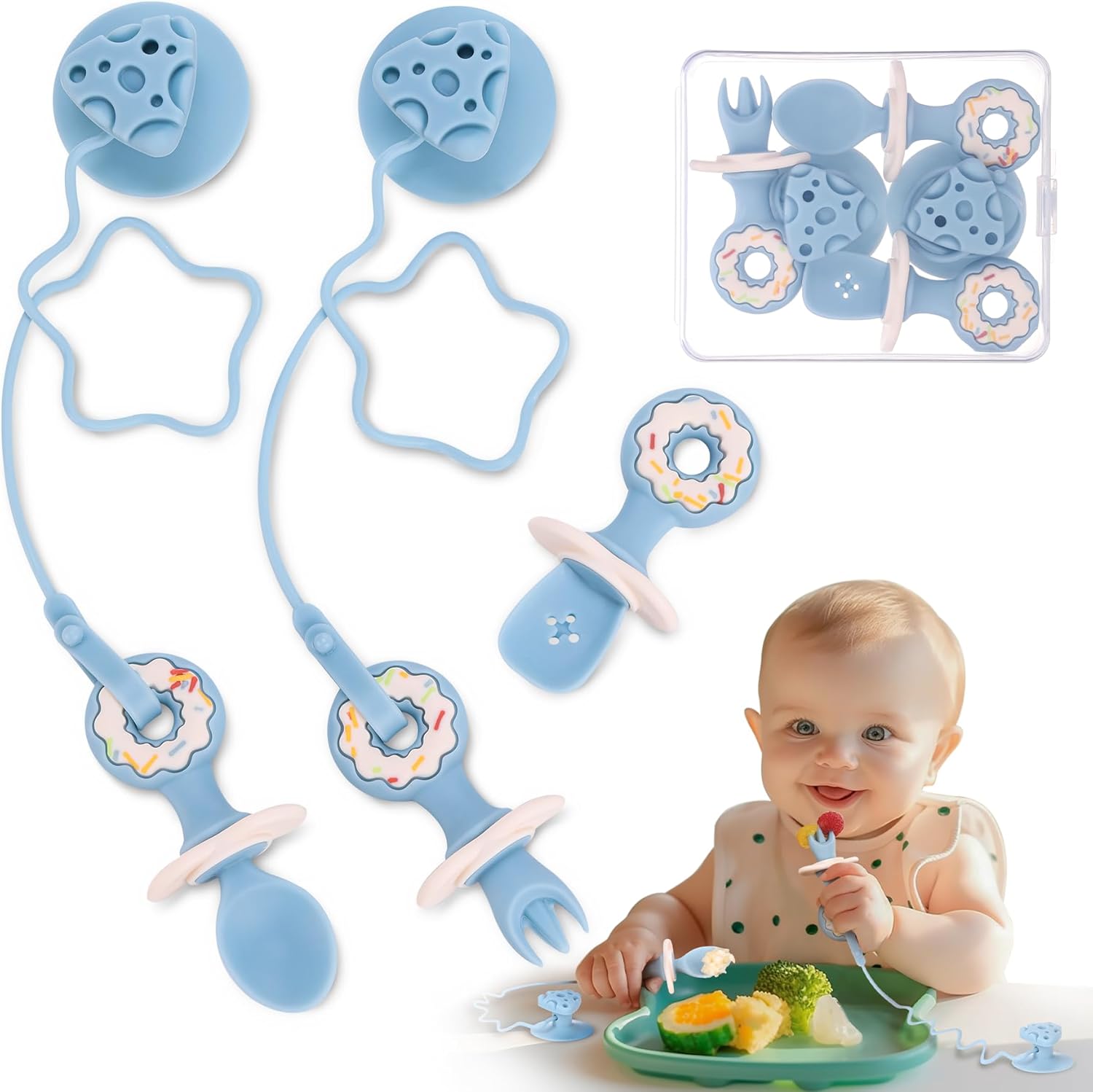 Paquete de 3 utensilios para bebé, cucharas de destete LED para bebés, cuchara y tenedor de silicona con succión, utensilios de autoalimentación