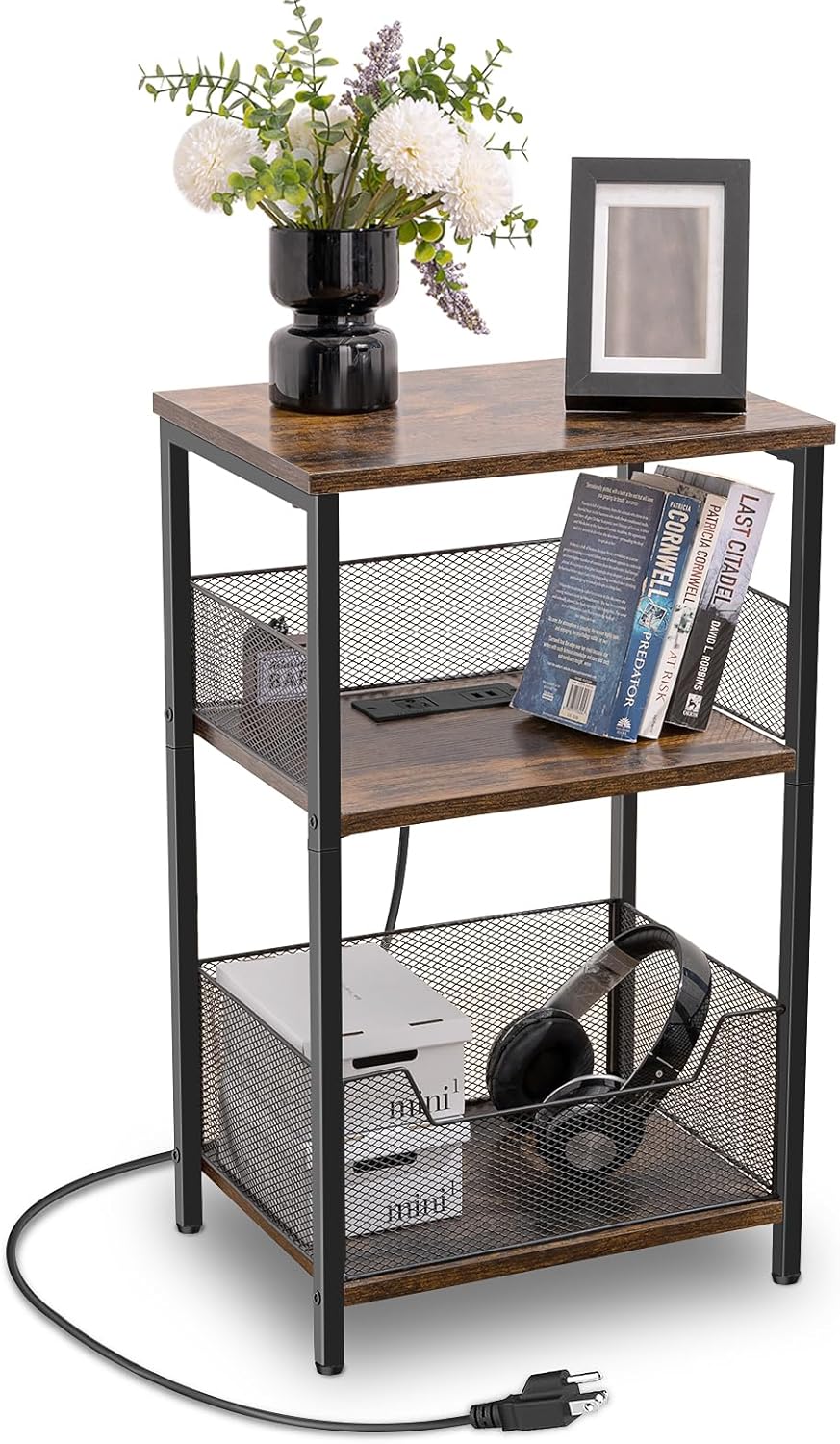 Mesa auxiliar con estación de carga, mesita de noche de 3 niveles con estante de almacenamiento, mesa auxiliar estrecha con puertos USB y tomas de