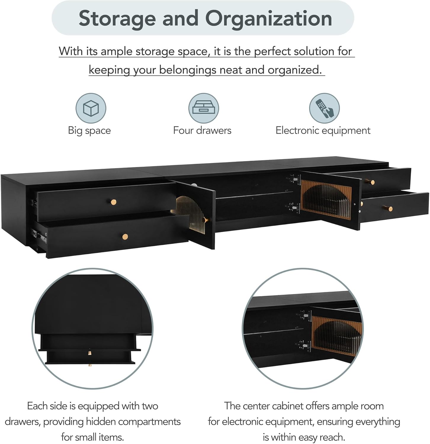 Voohek Lujoso soporte de perfil bajo con 2 puertas de vidrio estriado, centro de entretenimiento con 4 cajones, mesa consola multimedia para