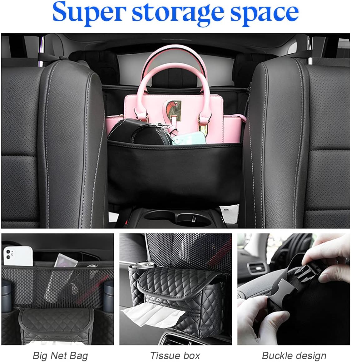 zipelo Soporte para bolso de coche entre asientos, soporte de cuero sintético con múltiples bolsillos de gran capacidad, barrera de bolsa de red
