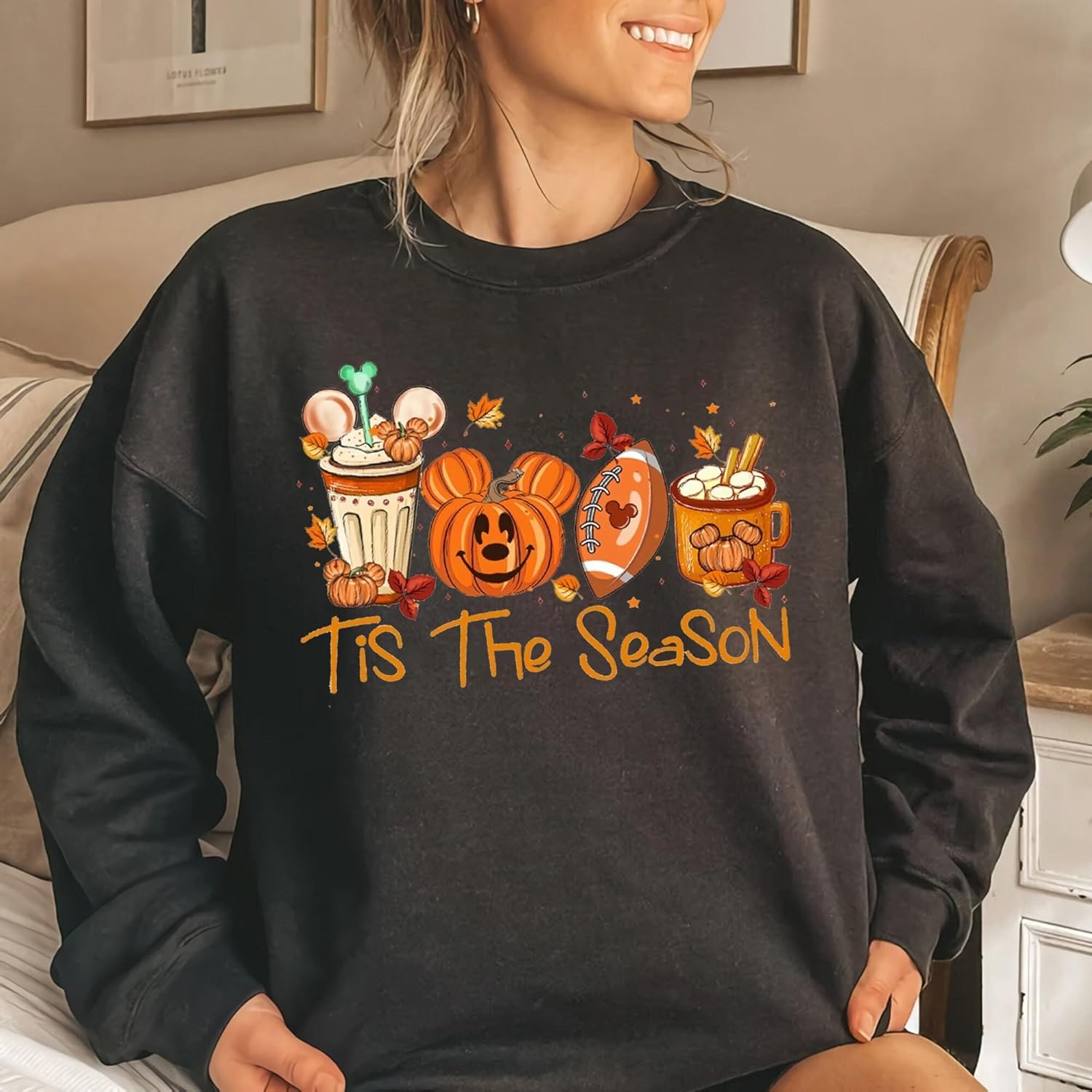 Mickey Halloween Sweatshirt For Woman Tis The Season Mickey Pumpkin Coffee Round Neck Sweater Halloween Party Gift Shirts Celebrate Halloween Party