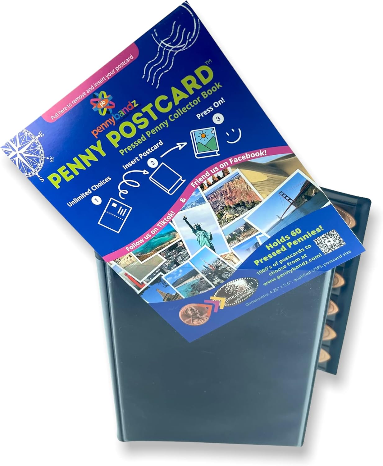 Penny Postcard – Libro de coleccionista prensado de tres pliegues con capacidad para 60 centavos prensados y tu postal favorita para tu portada (las