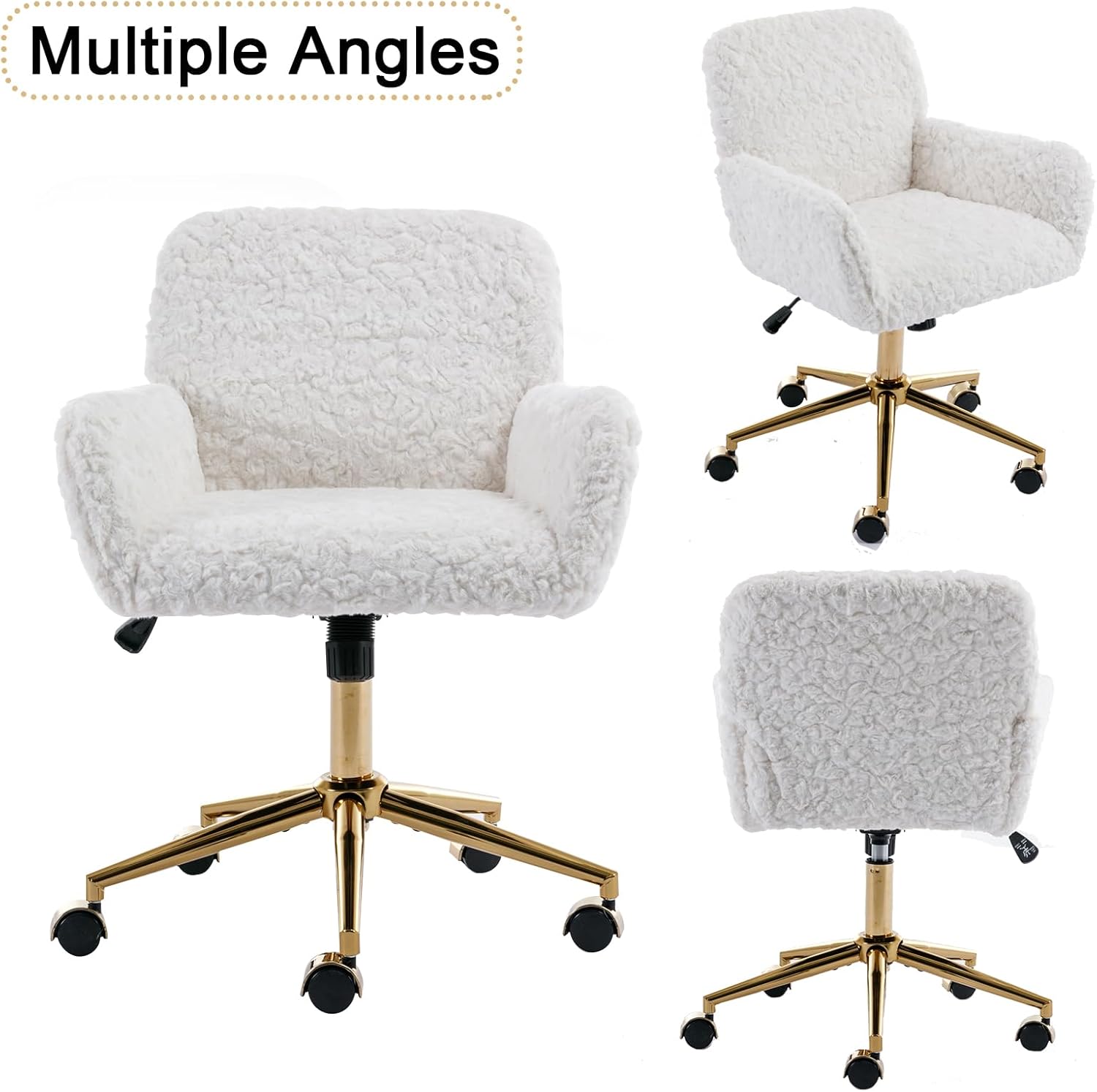 SSLine Silla de escritorio de piel sintética, moderna y bonita silla de oficina, cómoda silla giratoria de tela de peluche mullida con ruedas para