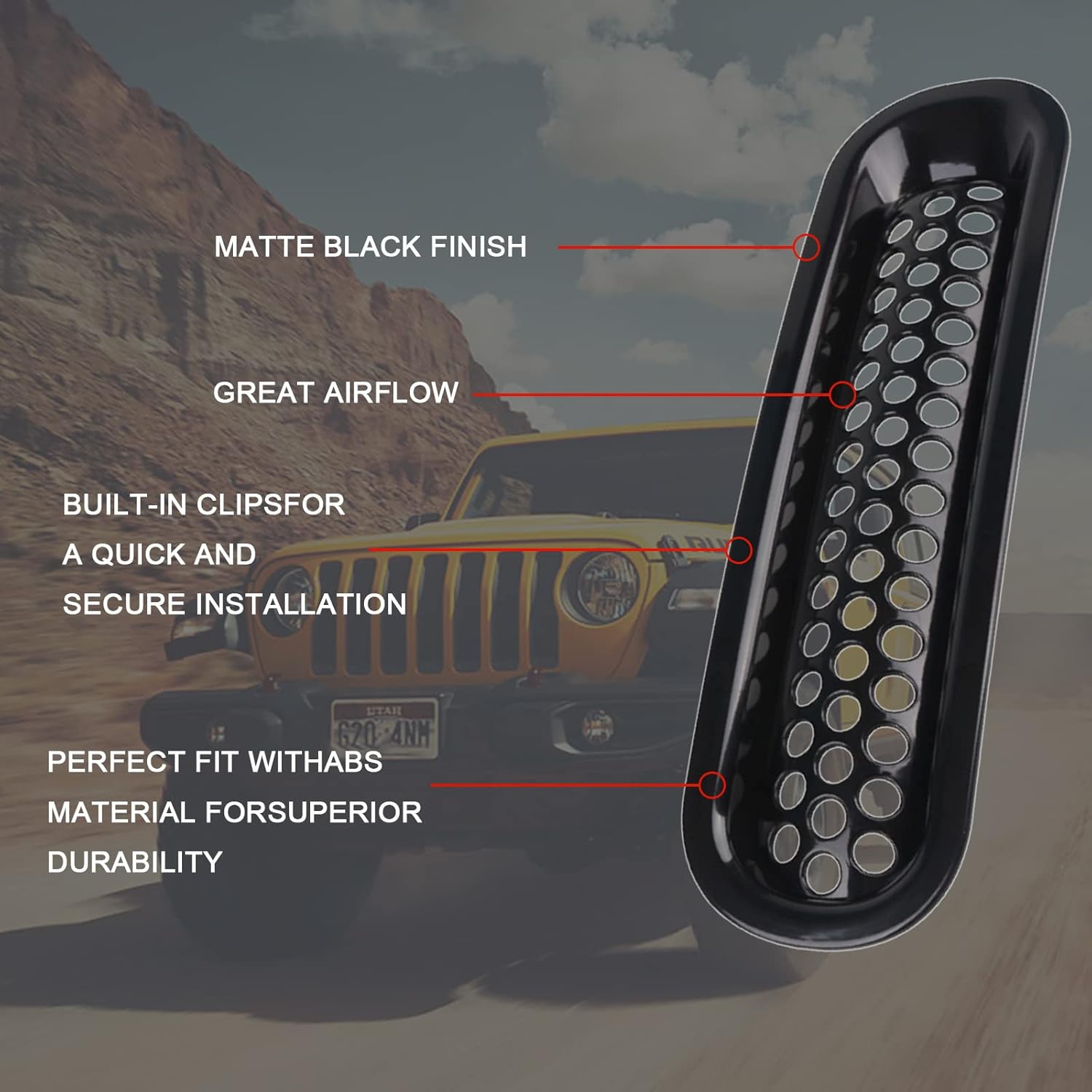 Cubierta de rejilla de malla frontal compatible con Jeep Wrangler JK y JKU 2007-2018 – Insertos de parrilla negros con protector de clip con ranuras