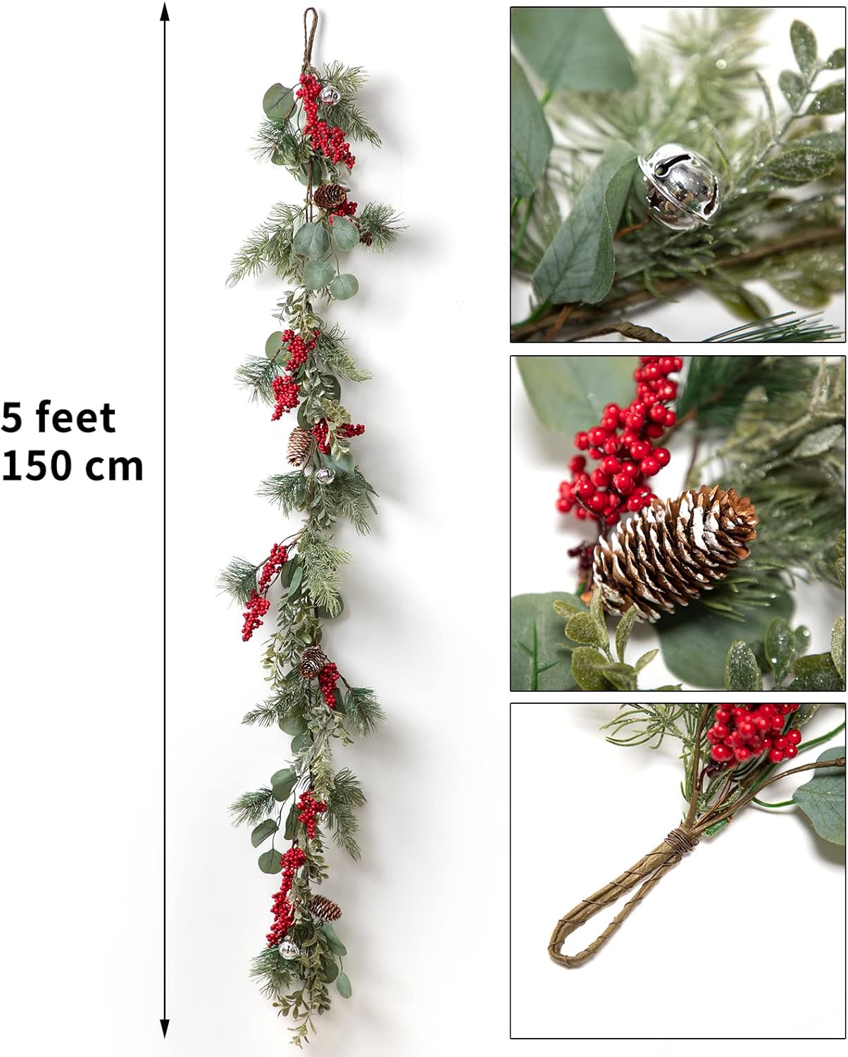 LOHASBEE Guirnalda de Navidad artificial, guirnalda de eucalipto de cono de pino de 5 pies con bayas rojas, campanas y purpurina verde para Navidad,