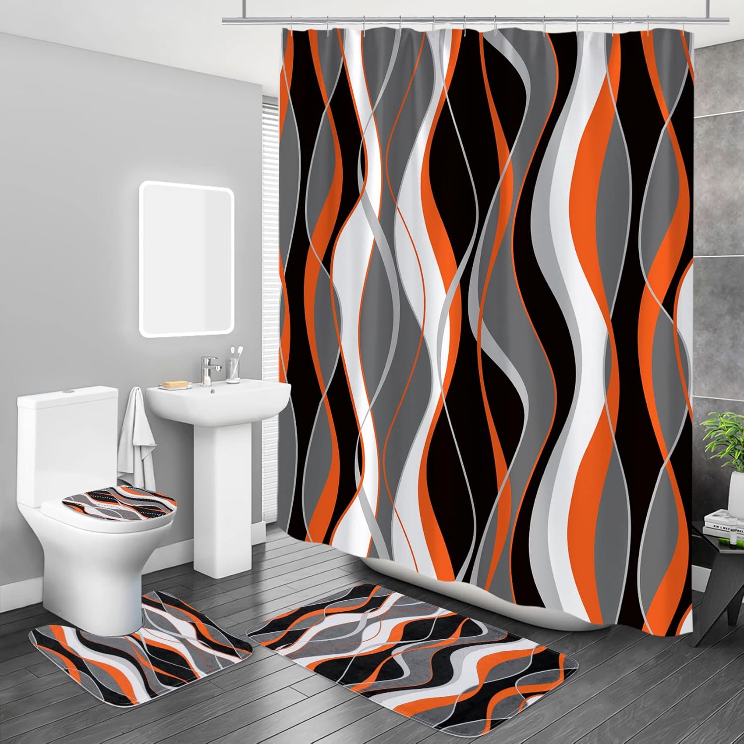 MitoVilla Juego de 4 cortinas de ducha a rayas con alfombras para decoración de baño, juegos de baño gris y blanco con cortina de ducha y alfombras,