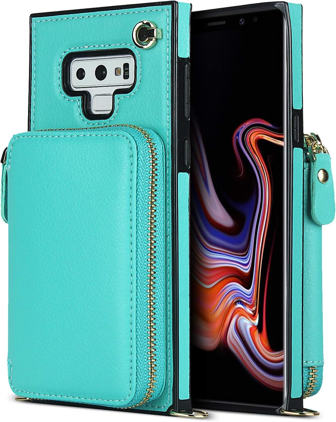 Asuwish Funda de teléfono para Samsung Galaxy Note 9 con protector de pantalla de vidrio templado y soporte para tarjetas con cremallera, soporte de