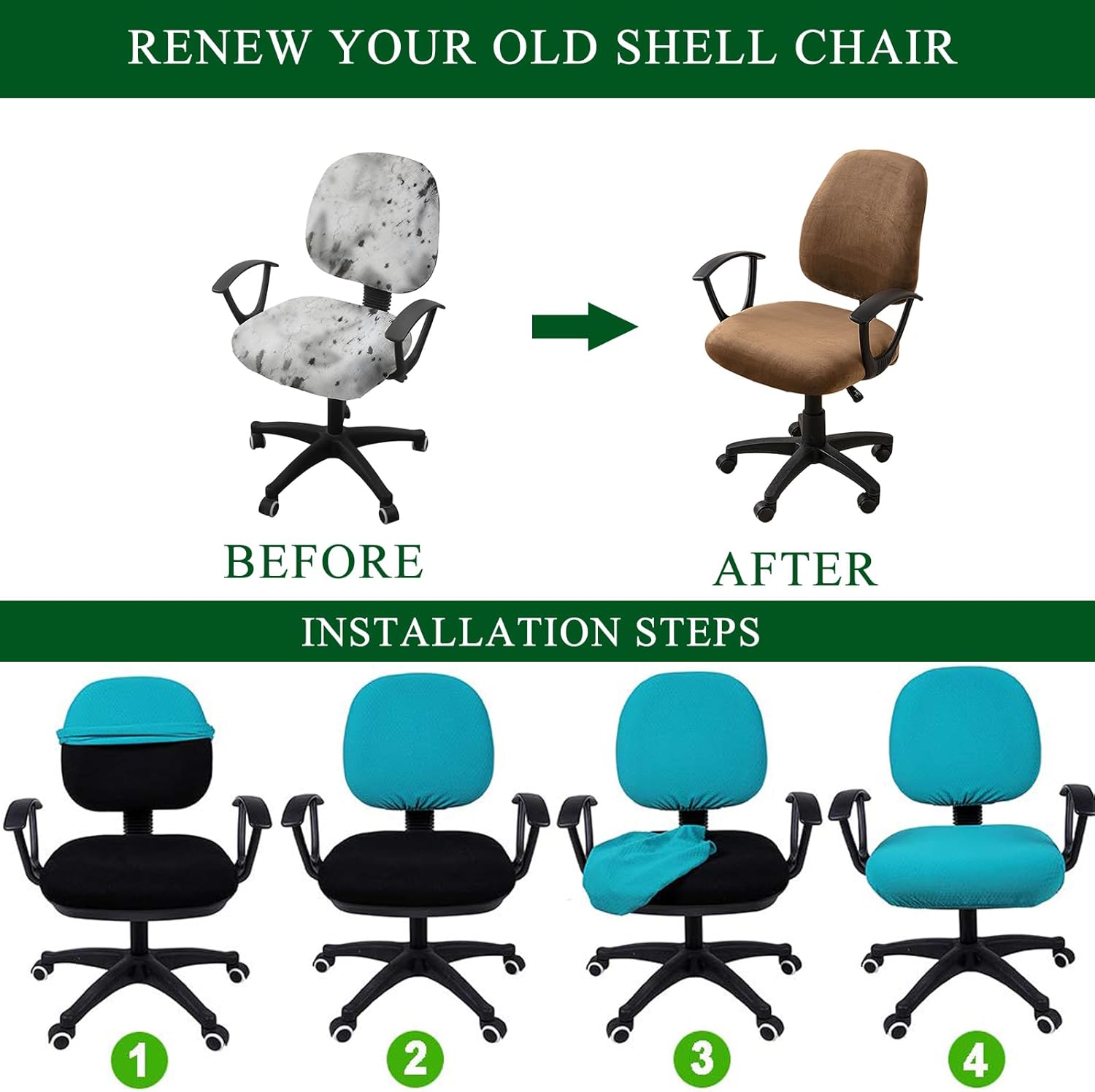CRFATOP Funda elástica para silla de oficina de computadora, fundas de terciopelo dividido para silla giratoria de 2 piezas, funda de asiento +