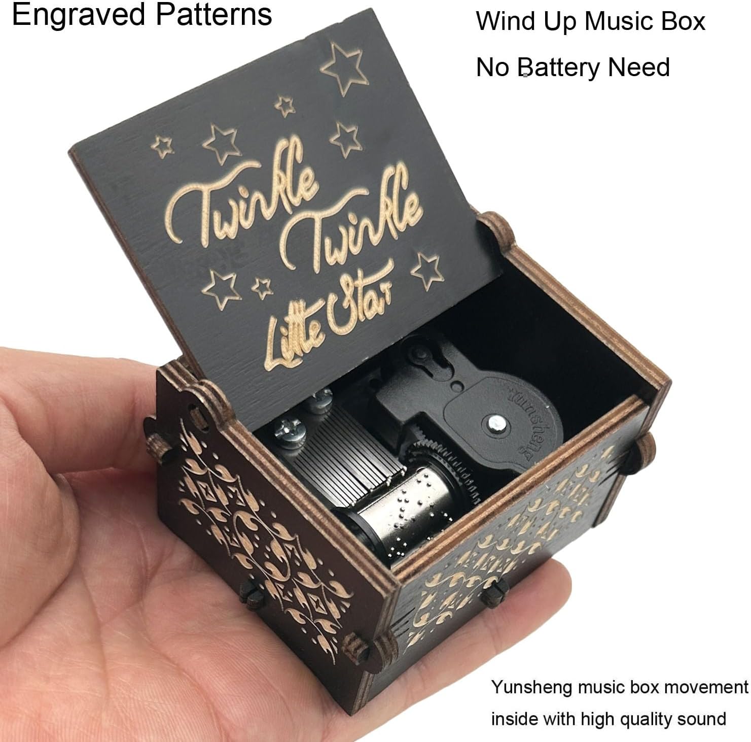 Pursuestar Caja de música de madera negra grabada con láser, regalo musical para niños, día de la madre, boda, San Valentín, Navidad, aniversario,