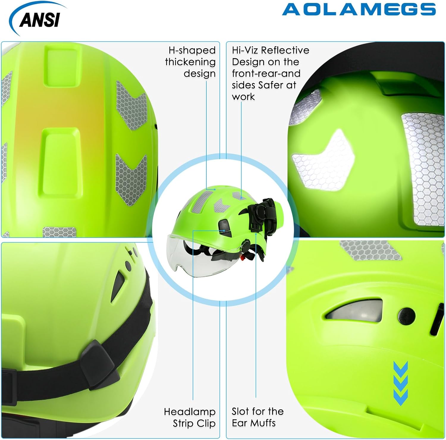 AOLAMEGS Casco duro de construcción con visera y orejeras  Casco de seguridad aprobado por la OSHA, ANSI Z89.1 ABS con protección para los ojos y