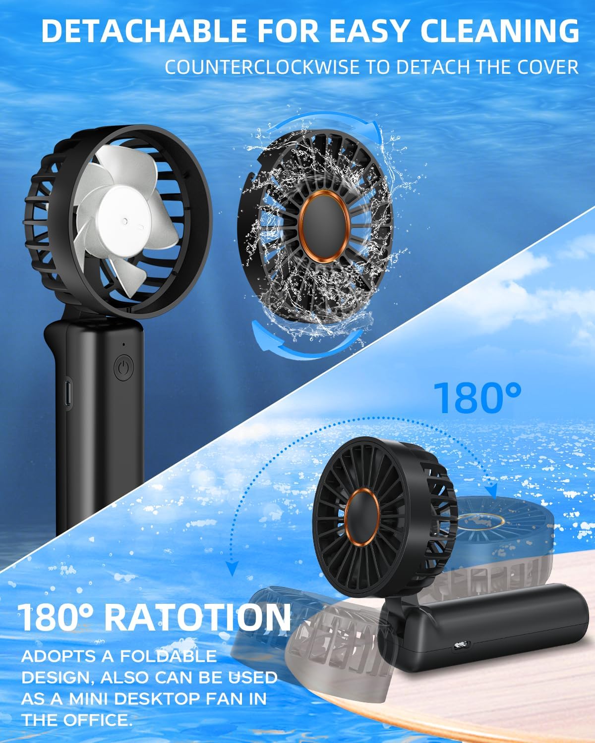Hssio Ventilador de mano portátil, mini ventilador de escritorio plegable de 2000 mAh, rotación de 180, 3 velocidades, ultra silencioso, hasta 8