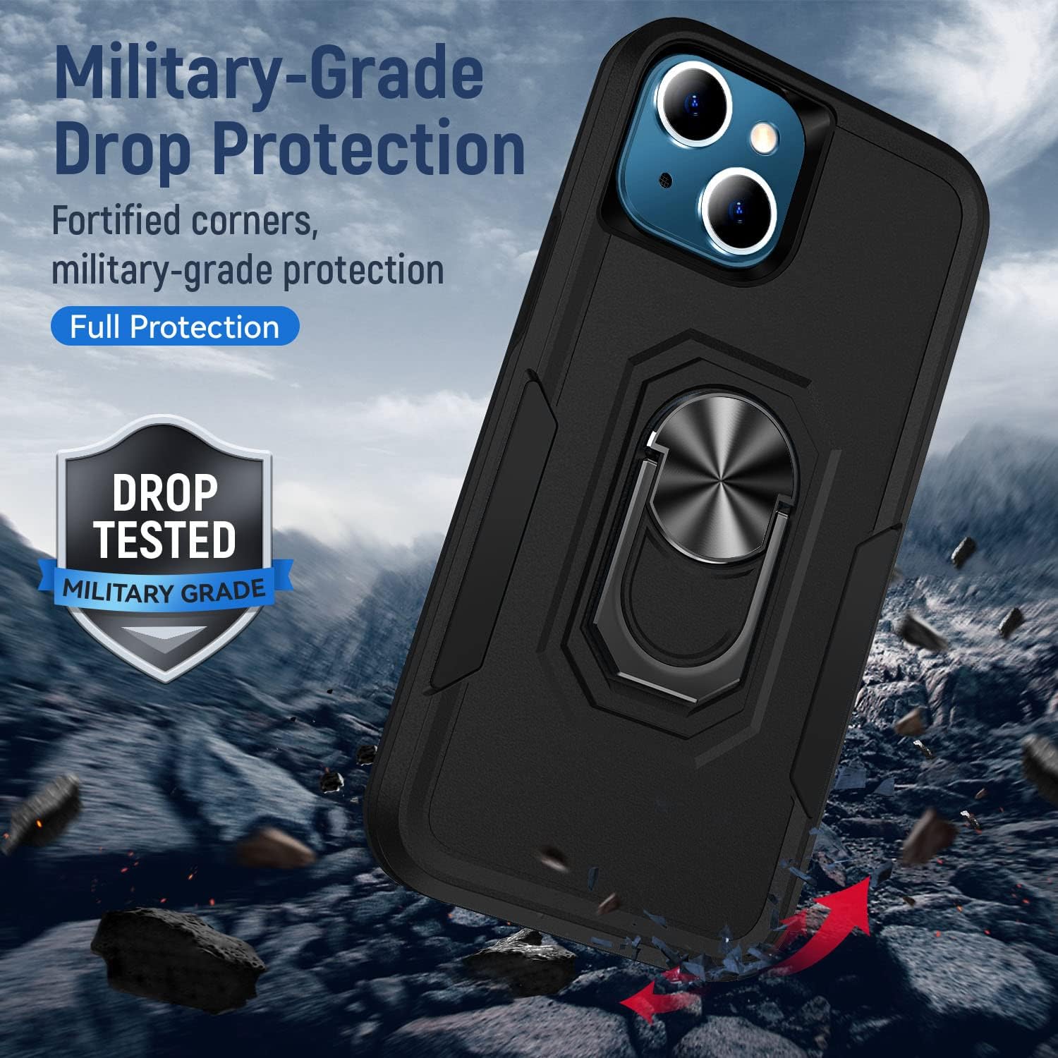 Funda para iPhone 13 Mini 5G con soporte de anillo giratorio de 360 integrado, funda magnética a prueba de golpes para iPhone 13 Mini 5G – (negro)