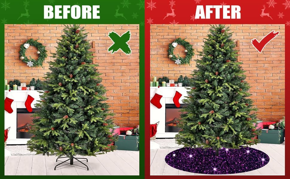 Falda de árbol de Navidad grande de 46 pulgadas, falda de árbol de Navidad con purpurina, falda de base de árbol de secuencia púrpura oscuro, falda