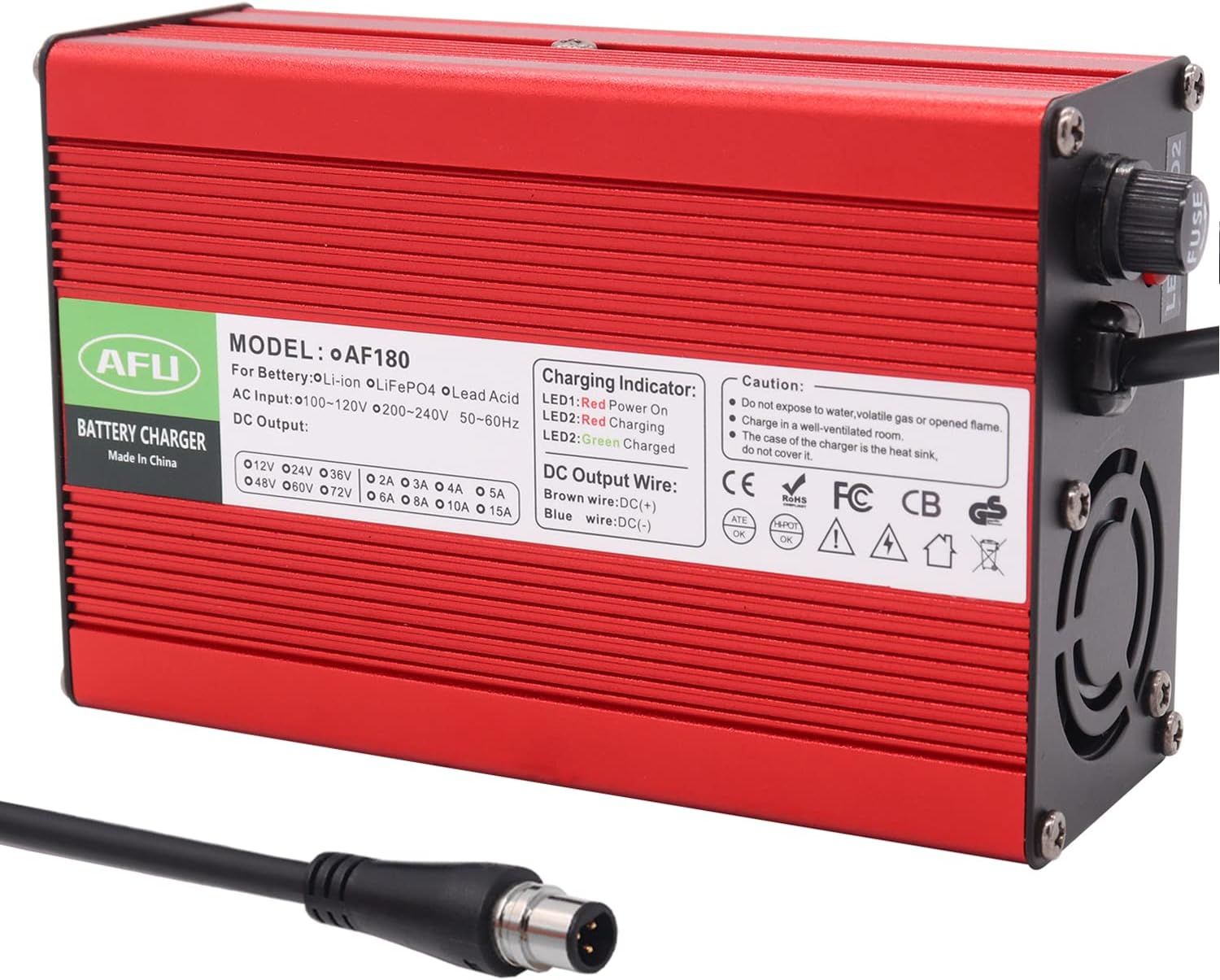 54.6V 3A Li-ion Batería 13S 48V Cargador de batería de litio Cargador inteligente Caja de aluminio rojo con 3pin macho RPG0021 Plug