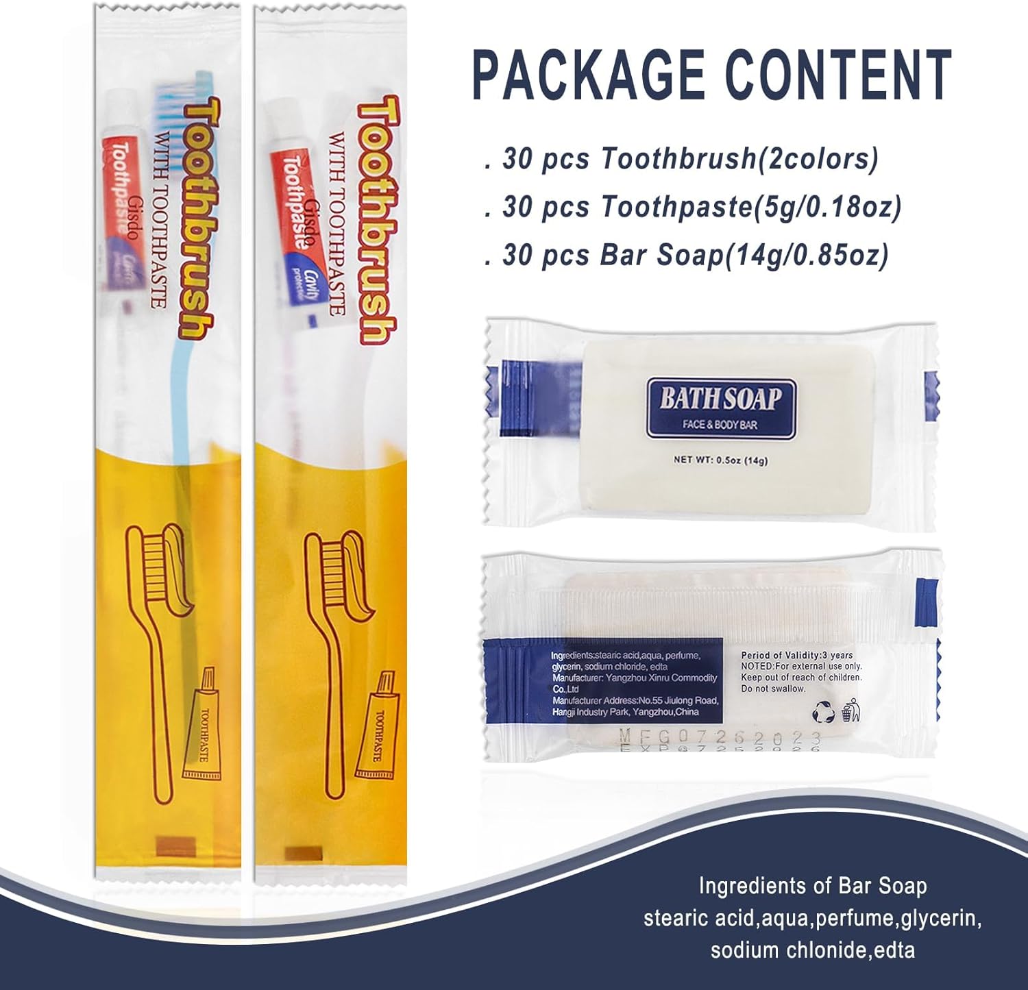 Paquete de 30 cepillos de dientes desechables con pasta de dientes y jabón envueltos individualmente, 2 colores, barra de jabón de 0.5 onzas, tamaño
