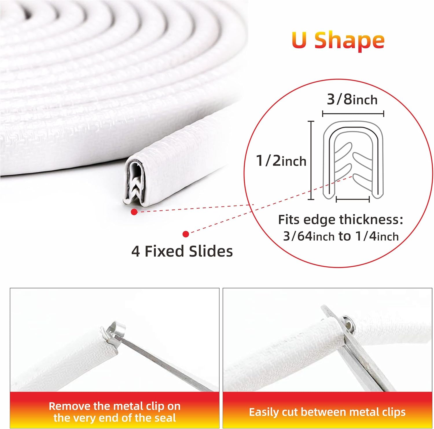 Shine & Bright Auto Protector de borde de puerta de automóvil blanco de 32 pies con forma de U, tira de ribete con material de PVC y clips de metal,