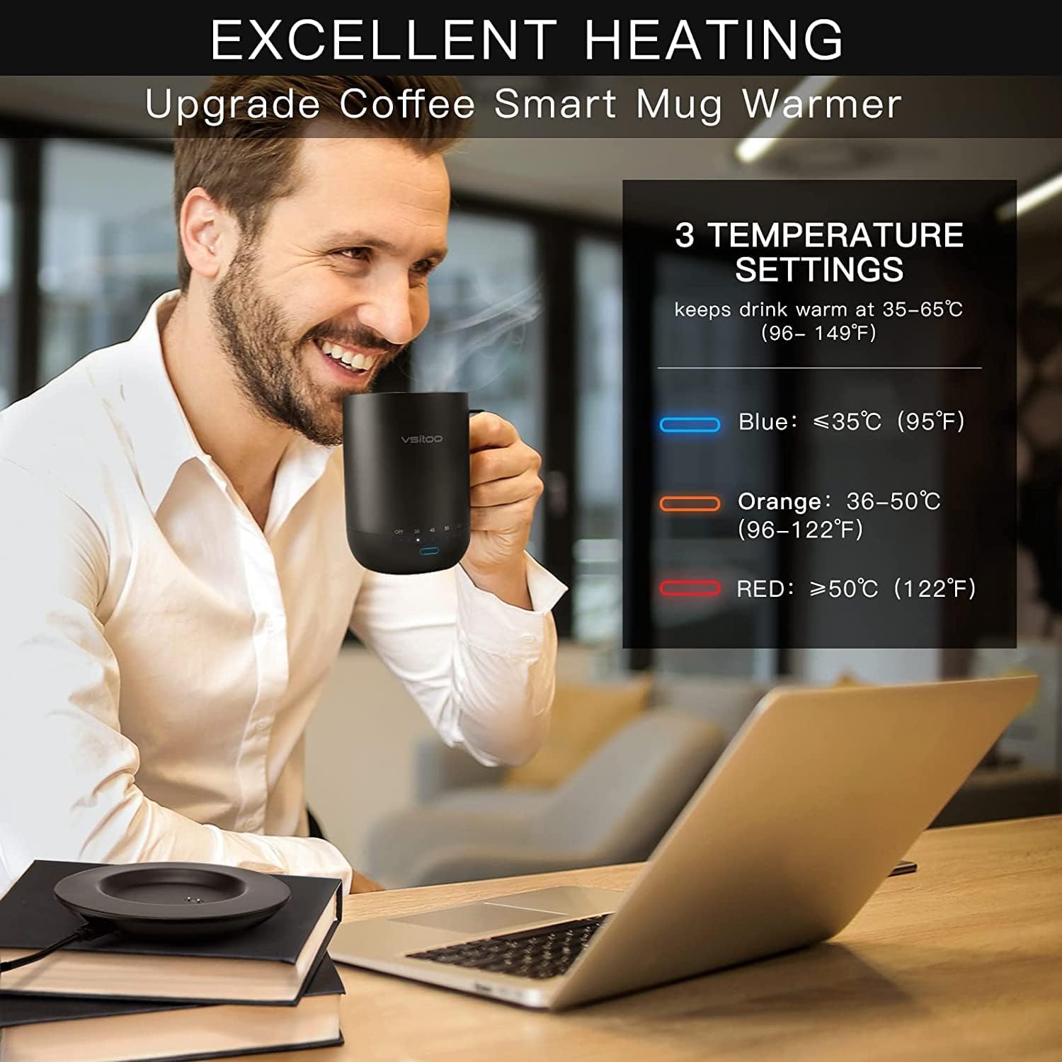vsitoo S3pro – Taza inteligente de control de temperatura 2 con tapa, taza de café autocalentable de 14 onzas, duración de la batería de 90 minutos,