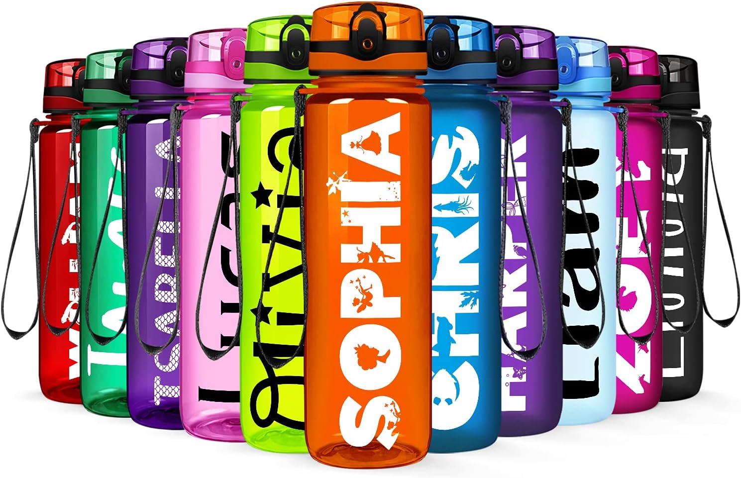 Botella de agua personalizada para niños, naranja brillante, 32 onzas, motivacional, fitness, deportes, con marcador de tiempo, boca ancha, a prueba