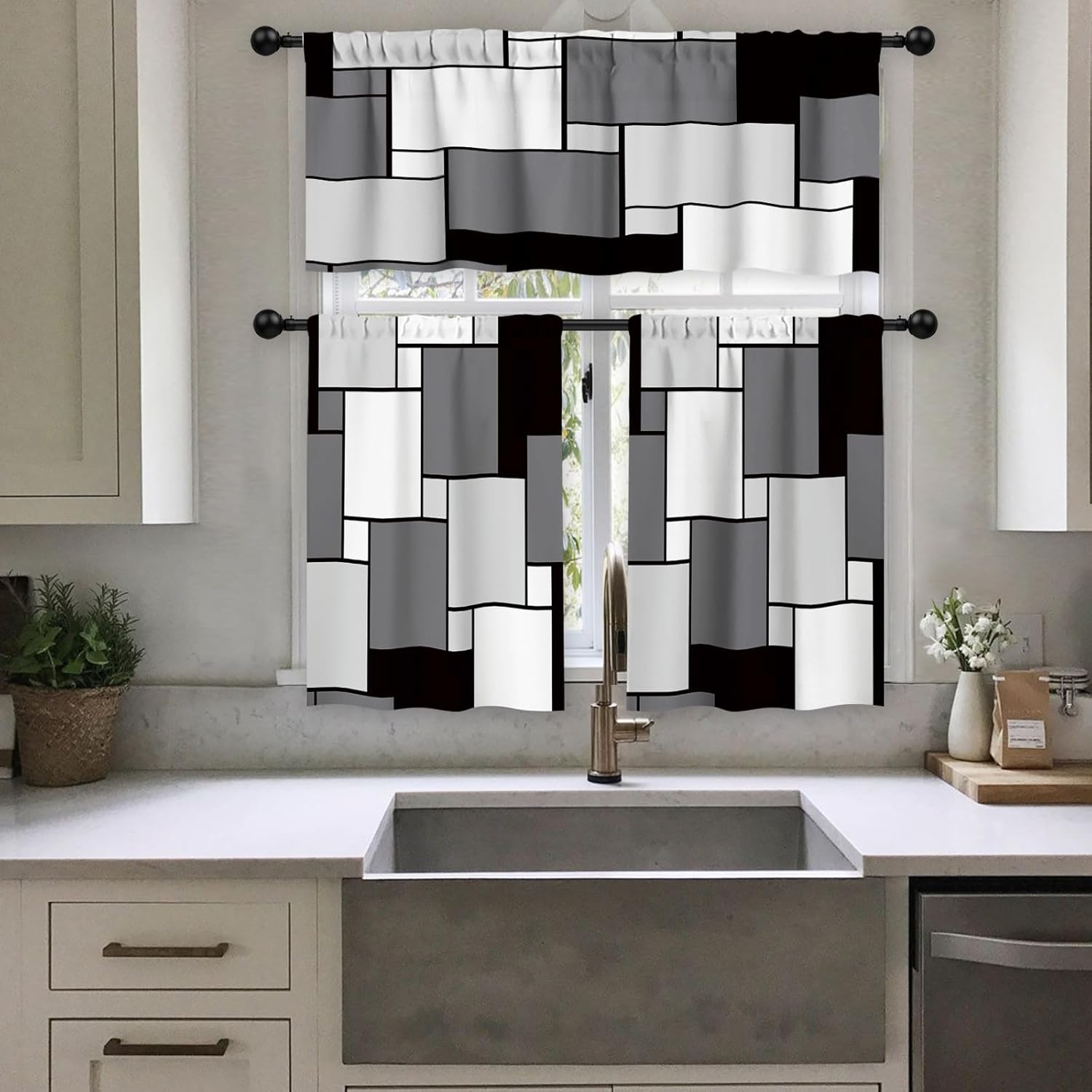 FYATHM Juego de 3 cortinas de cocina color negro y gris para ventanas, cenefa y juego de niveles de 36 pulgadas, moderno con bolsillo para barra,