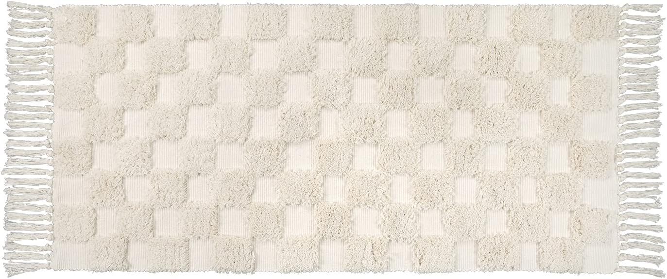 Lanffia Alfombra de pasillo estilo bohemio a cuadros de 2 x 4.3 pulgadas, color beige, lavable con borlas, alfombra de piso para interiores de