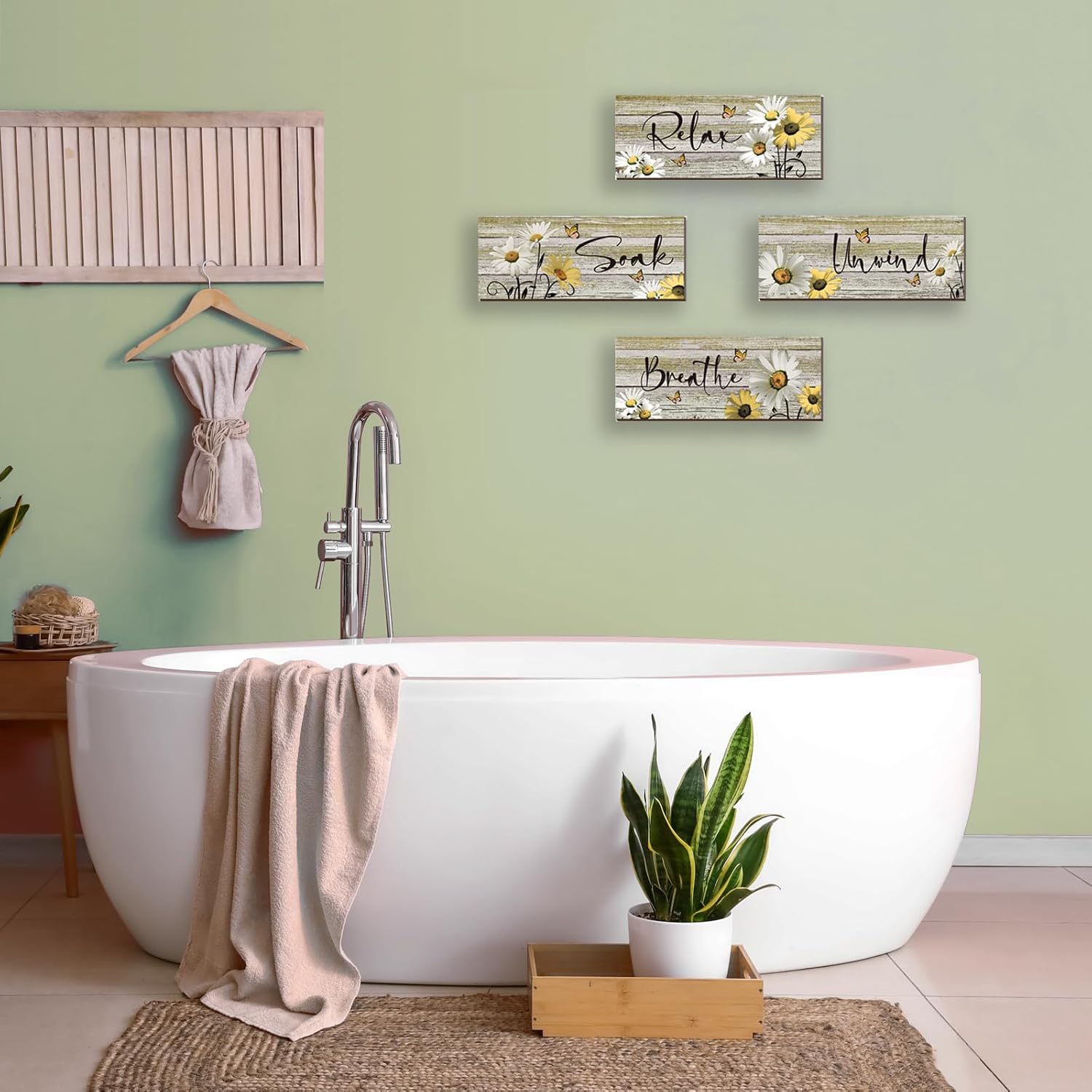 ZINYAZHE 4 piezas de decoración de pared de baño amarillas de margaritas amarillas y mariposas amarillas, arte de pared amarillo para relajarse,