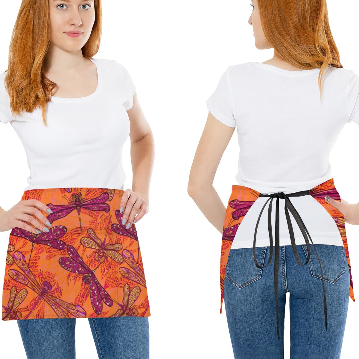 bisibuy 3 Pocket Waist Apron, Pack of 3, Dragonfly Bird Server Short Apron for Men Women, Kitchen, Restaurant, Cafe Delantales De Mesera Para Mujer