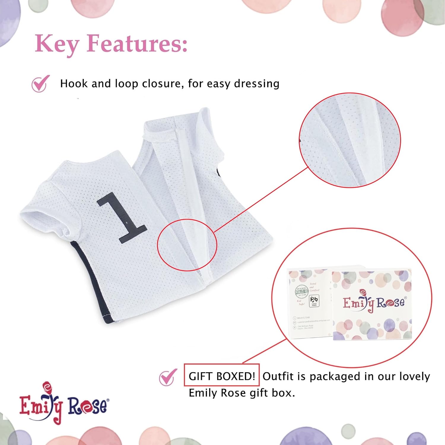Emily Rose Ropa de muñeca de 14 pulgadas  Uniforme deportivo de fútbol de muñeca de 14 pulgadas de EE. UU., incluye zapatos y accesorios, caja de