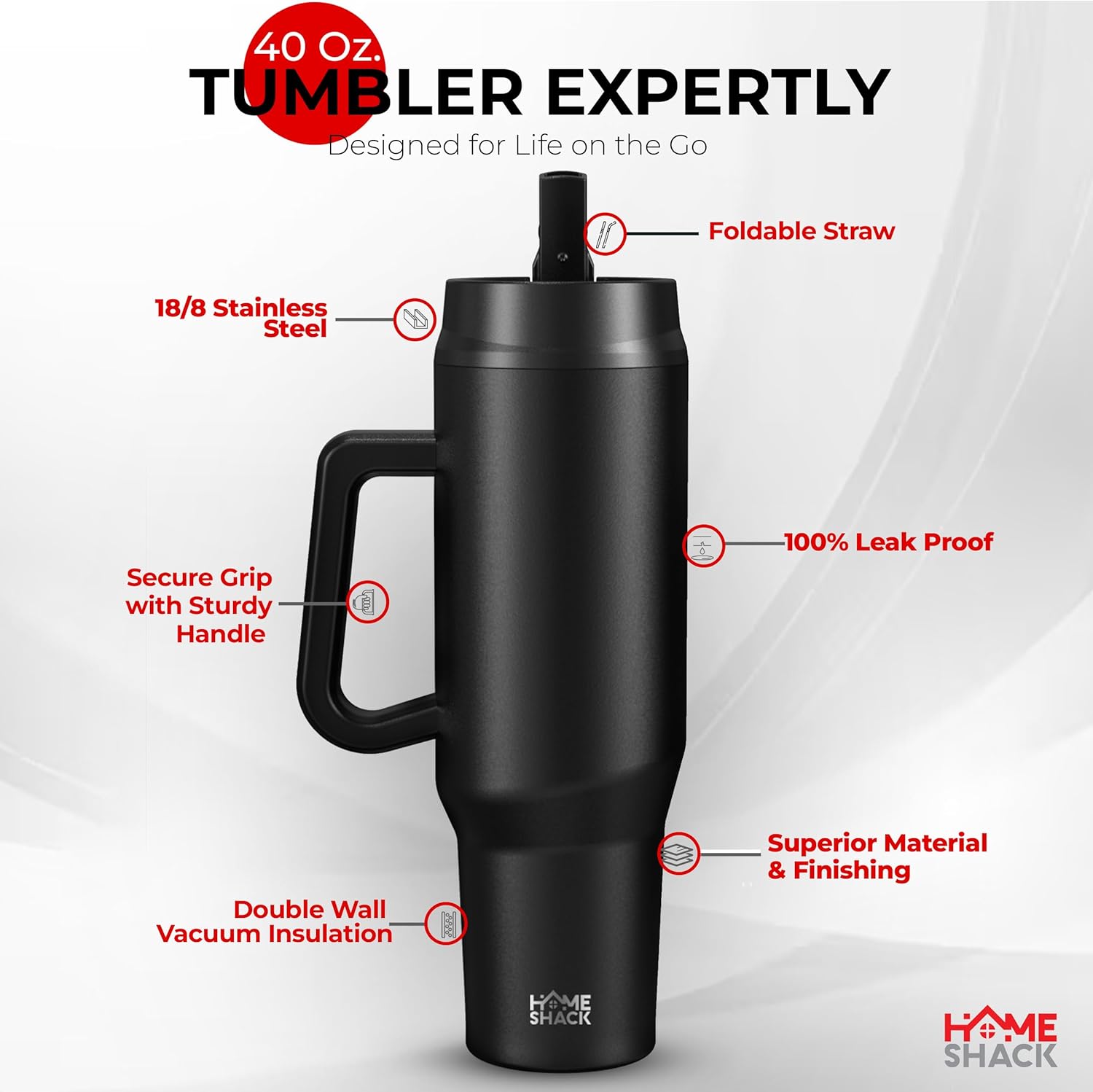 HOMESHACK Vaso de 40 onzas con asa y tapa plegable con popote  Botella de agua de acero inoxidable aislada a prueba de fugas  Taza de viaje para