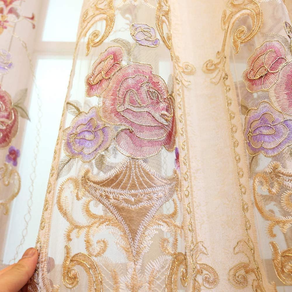 Cortina de lujo con bordado floral semi opaca para ventana, cortinas para dormitorio, con ojales, paneles de oscurecimiento de habitación con