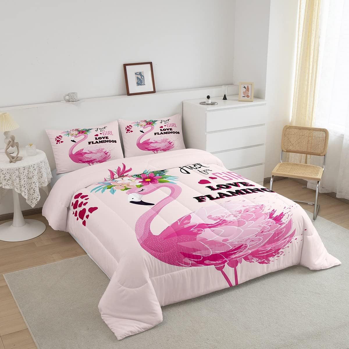 Juego de edredón de flamenco rosa para niñas, ropa de cama de flamenco tropical, juegos de ropa de cama de animales florales hawaianos, edredón de