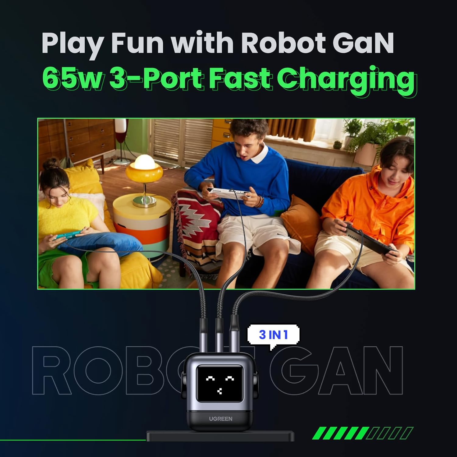 Paquete de cargador RG de 65 W USB C de 3 puertos con estación de carga de 65 W 7 en 1 tira de alimentación