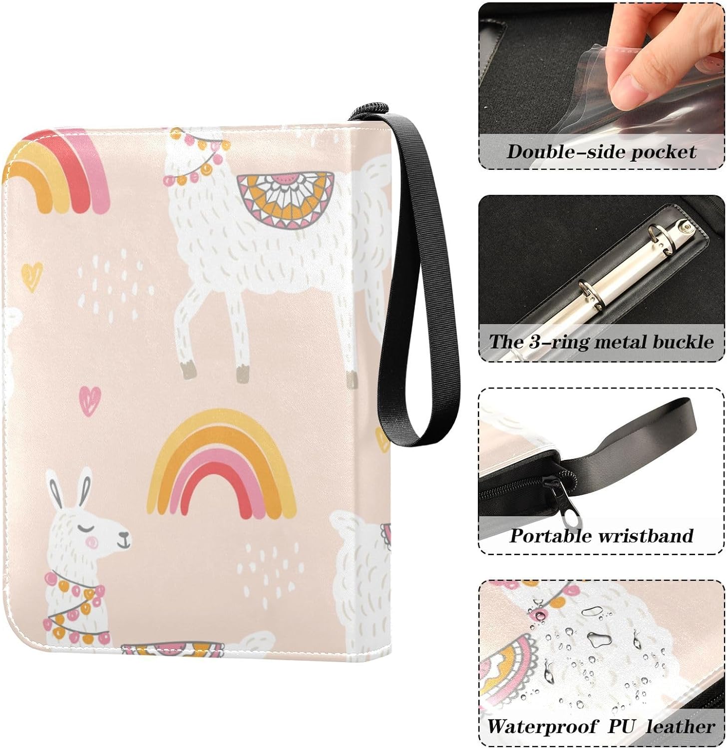 4 Pockets Trading Card Album Holder Book Folder Sports Card Binder Lamas Rainbows 400 Double Side Pockets for 3 Ring Binder Zipper