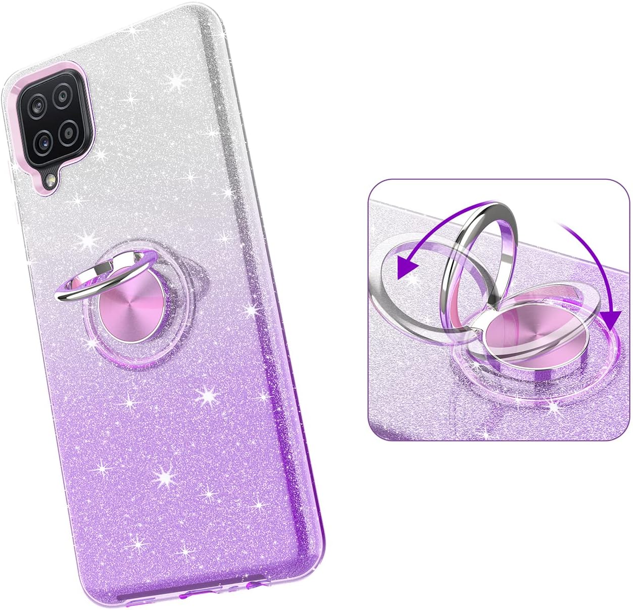 TJS Funda compatible con Samsung Galaxy A12, con protector de pantalla de vidrio templado, anillo de metal, soporte magnético, tono brillante,
