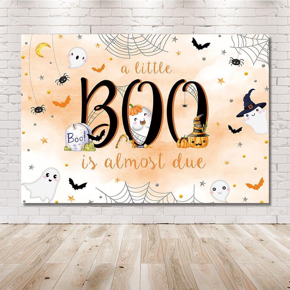 MEHOFOND Telón de fondo de Halloween de 7 x 5 pies para baby shower con texto en inglés “A Little Boo is Almost Due Orange Water” para niño con