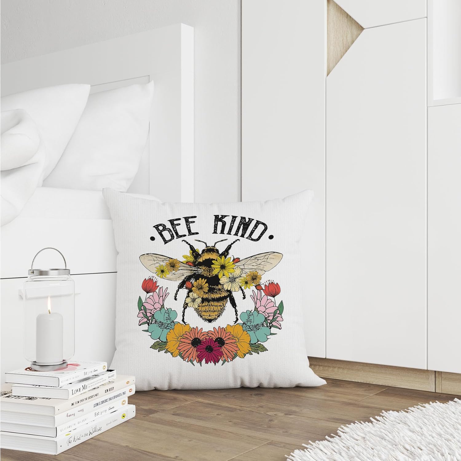 Bee Kind – Funda de almohada de flores silvestres y abeja, 18 x 18 pulgadas, para primavera, verano, decoración del hogar, sala de estar, funda de