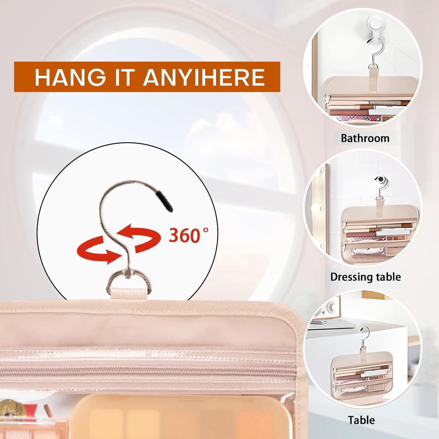Neceser de viaje para mujer, resistente al agua, bolsa de cosméticos para maquillaje, contenedor de tamaño completo con gancho para colgar para