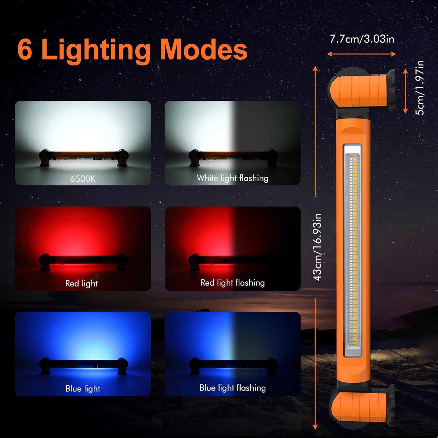 MEIHUA Luces de trabajo magnéticas para debajo del capó, 3000 lúmenes, barra de luz LED recargable con ganchos, IP65 portátil, luces estroboscópicas